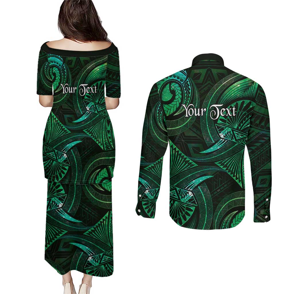 Personalised Polynesia Zodiac Taurus Couples Matching Puletasi and Long Sleeve Button Shirt Galaxy Polynesian Pattern Chest Tattoo Style