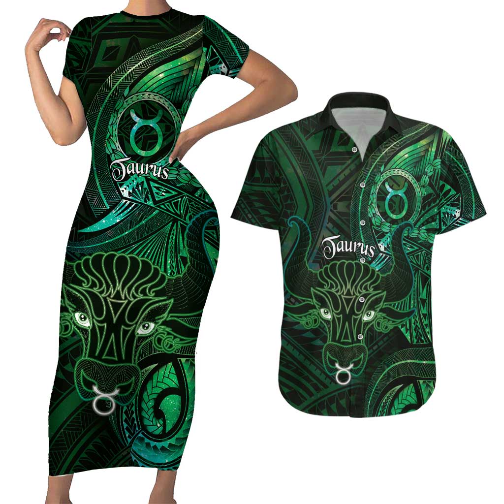 Personalised Polynesia Zodiac Taurus Couples Matching Short Sleeve Bodycon Dress and Hawaiian Shirt Galaxy Polynesian Pattern Chest Tattoo Style