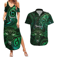 Personalised Polynesia Zodiac Taurus Couples Matching Summer Maxi Dress and Hawaiian Shirt Galaxy Polynesian Pattern Chest Tattoo Style LT14 Green - Polynesian Pride