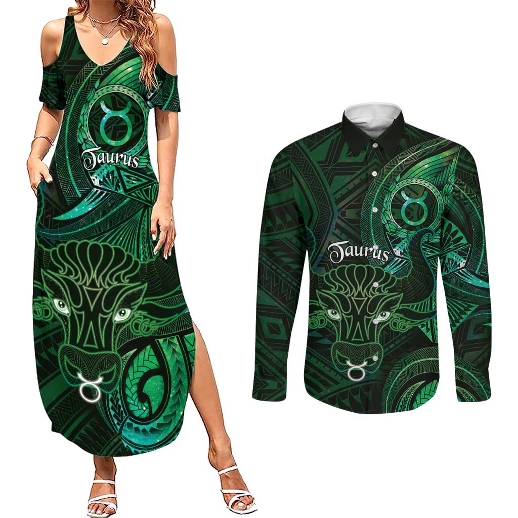 Personalised Polynesia Zodiac Taurus Couples Matching Summer Maxi Dress and Long Sleeve Button Shirt Galaxy Polynesian Pattern Chest Tattoo Style