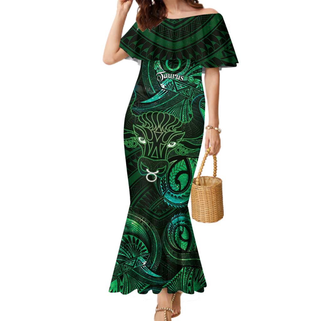 Personalised Polynesia Zodiac Taurus Family Matching Mermaid Dress and Hawaiian Shirt Galaxy Polynesian Pattern Chest Tattoo Style LT14 Mom's Dress Green - Polynesian Pride