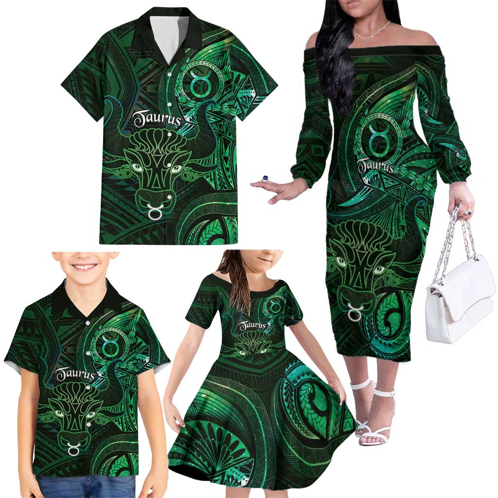 Personalised Polynesia Zodiac Taurus Family Matching Off The Shoulder Long Sleeve Dress and Hawaiian Shirt Galaxy Polynesian Pattern Chest Tattoo Style LT14 - Polynesian Pride