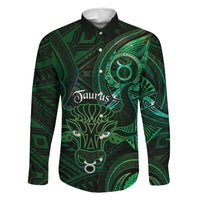 Personalised Polynesia Zodiac Taurus Family Matching Off The Shoulder Long Sleeve Dress and Hawaiian Shirt Galaxy Polynesian Pattern Chest Tattoo Style LT14 Dad's Shirt - Long Sleeve Green - Polynesian Pride