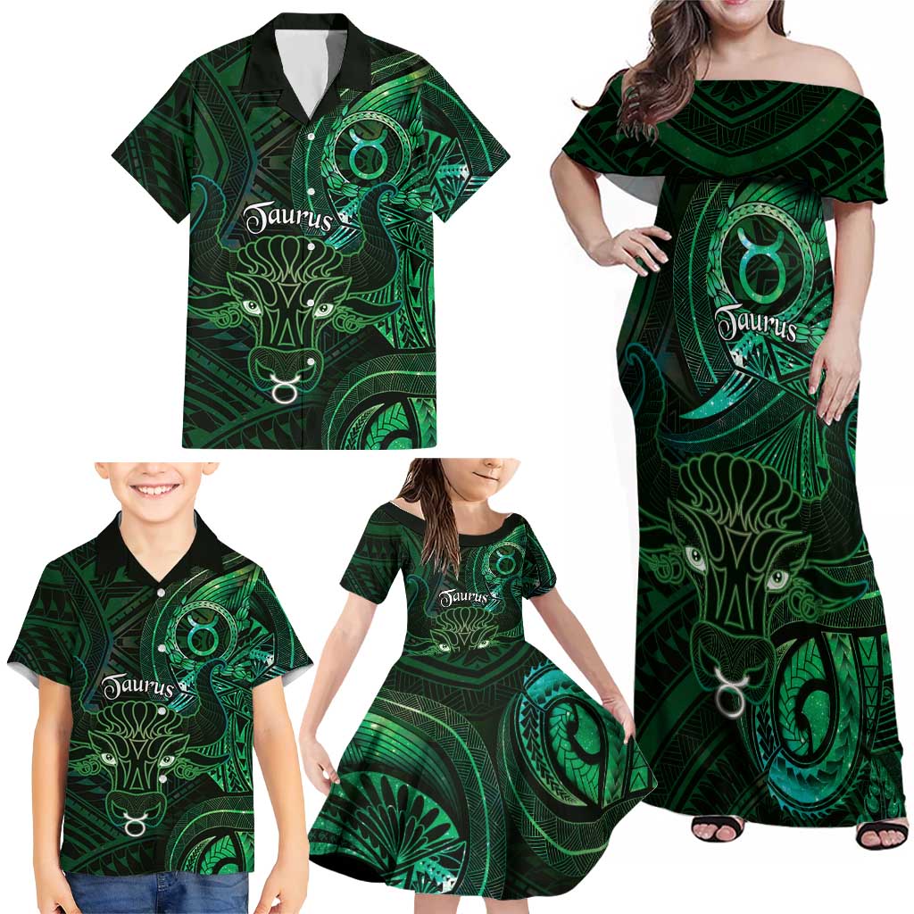 Personalised Polynesia Zodiac Taurus Family Matching Off Shoulder Maxi Dress and Hawaiian Shirt Galaxy Polynesian Pattern Chest Tattoo Style LT14 - Polynesian Pride