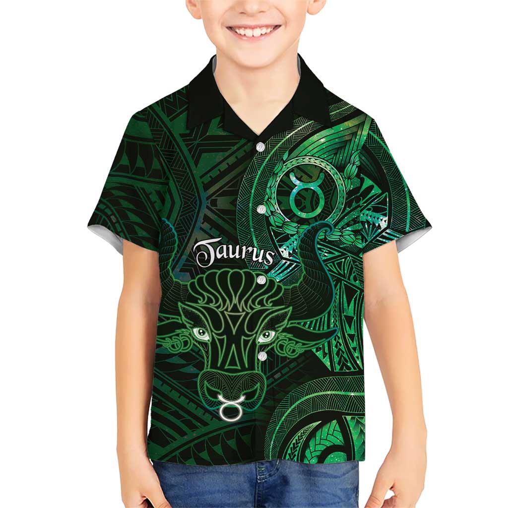 Personalised Polynesia Zodiac Taurus Family Matching Off Shoulder Maxi Dress and Hawaiian Shirt Galaxy Polynesian Pattern Chest Tattoo Style LT14 Son's Shirt Green - Polynesian Pride