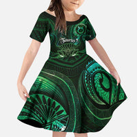 Personalised Polynesia Zodiac Taurus Family Matching Off Shoulder Short Dress and Hawaiian Shirt Galaxy Polynesian Pattern Chest Tattoo Style LT14 Daughter's Dress Green - Polynesian Pride