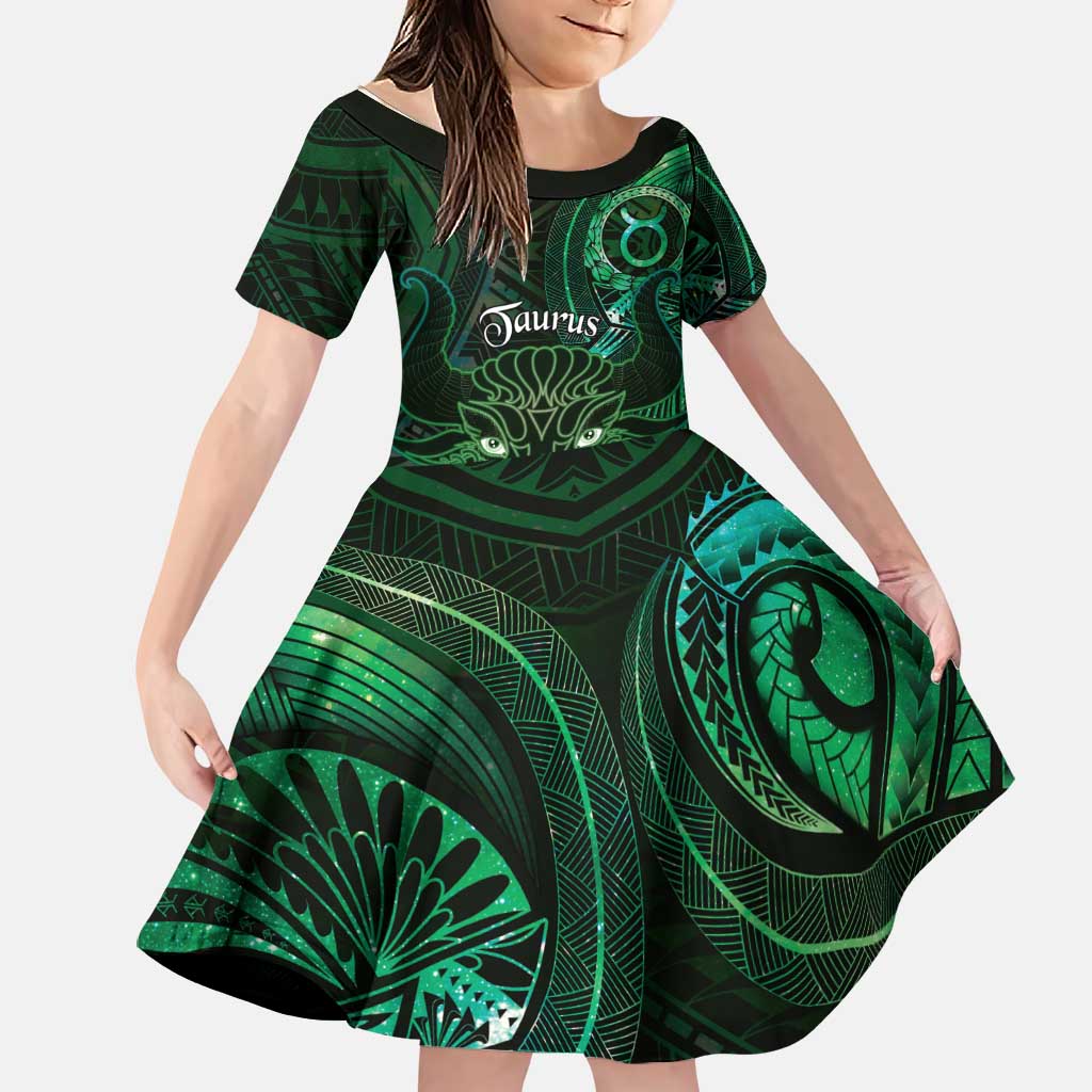 Personalised Polynesia Zodiac Taurus Family Matching Short Sleeve Bodycon Dress and Hawaiian Shirt Galaxy Polynesian Pattern Chest Tattoo Style LT14 Daughter's Dress Green - Polynesian Pride