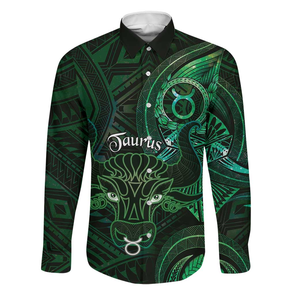 Personalised Polynesia Zodiac Taurus Family Matching Short Sleeve Bodycon Dress and Hawaiian Shirt Galaxy Polynesian Pattern Chest Tattoo Style LT14 Dad's Shirt - Long Sleeve Green - Polynesian Pride