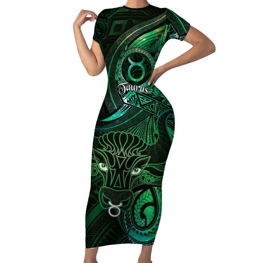Personalised Polynesia Zodiac Taurus Family Matching Short Sleeve Bodycon Dress and Hawaiian Shirt Galaxy Polynesian Pattern Chest Tattoo Style LT14 Mom's Dress Green - Polynesian Pride