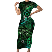 Personalised Polynesia Zodiac Taurus Family Matching Short Sleeve Bodycon Dress and Hawaiian Shirt Galaxy Polynesian Pattern Chest Tattoo Style LT14 Mom's Dress Green - Polynesian Pride