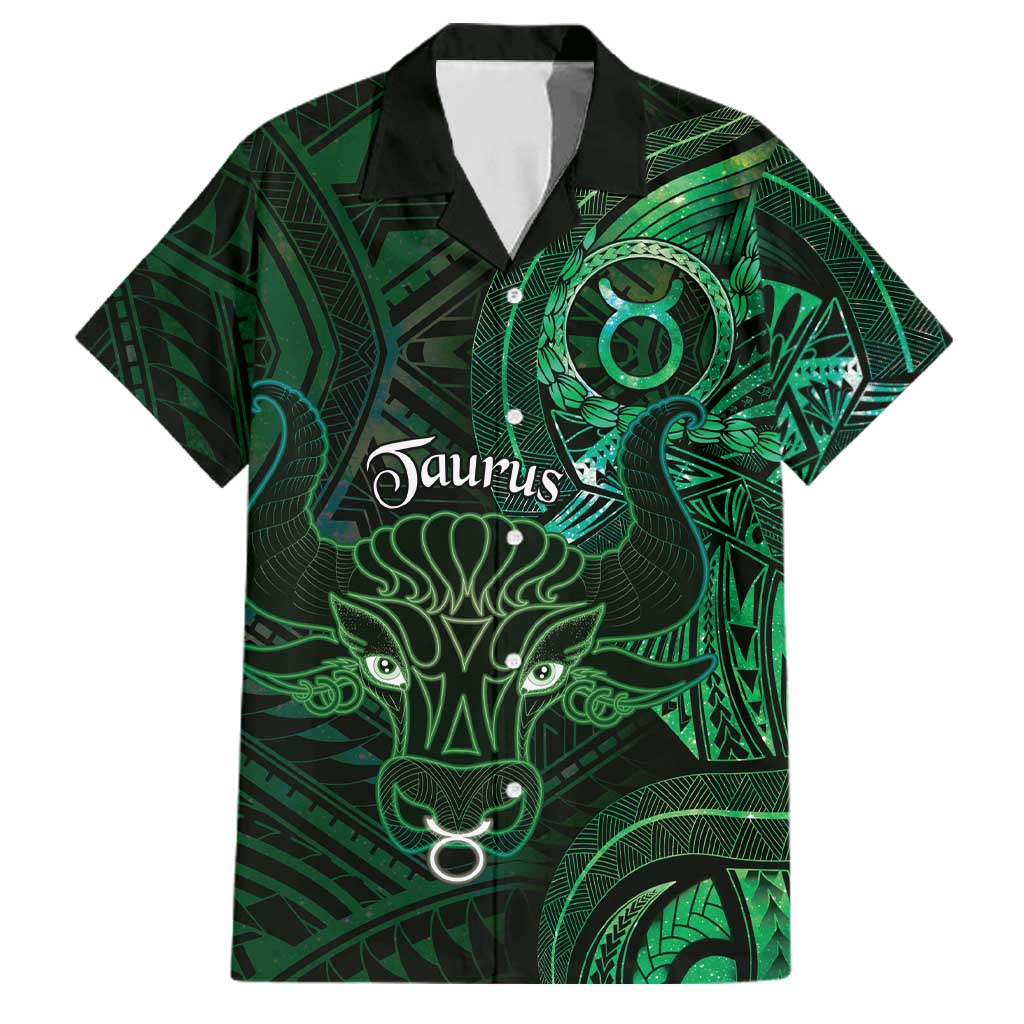 Personalised Polynesia Zodiac Taurus Family Matching Summer Maxi Dress and Hawaiian Shirt Galaxy Polynesian Pattern Chest Tattoo Style LT14 Dad's Shirt - Short Sleeve Green - Polynesian Pride