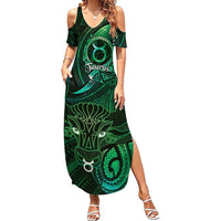 Personalised Polynesia Zodiac Taurus Family Matching Summer Maxi Dress and Hawaiian Shirt Galaxy Polynesian Pattern Chest Tattoo Style LT14 Mom's Dress Green - Polynesian Pride