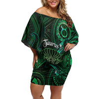 Personalised Polynesia Zodiac Taurus Off Shoulder Short Dress Galaxy Polynesian Pattern Chest Tattoo Style LT14 Women Green - Polynesian Pride