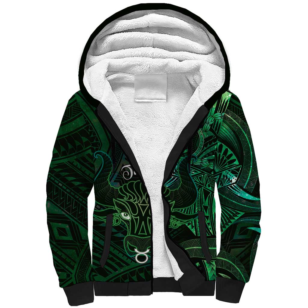 Personalised Polynesia Zodiac Taurus Sherpa Hoodie Galaxy Polynesian Pattern Chest Tattoo Style LT14 Unisex Green - Polynesian Pride