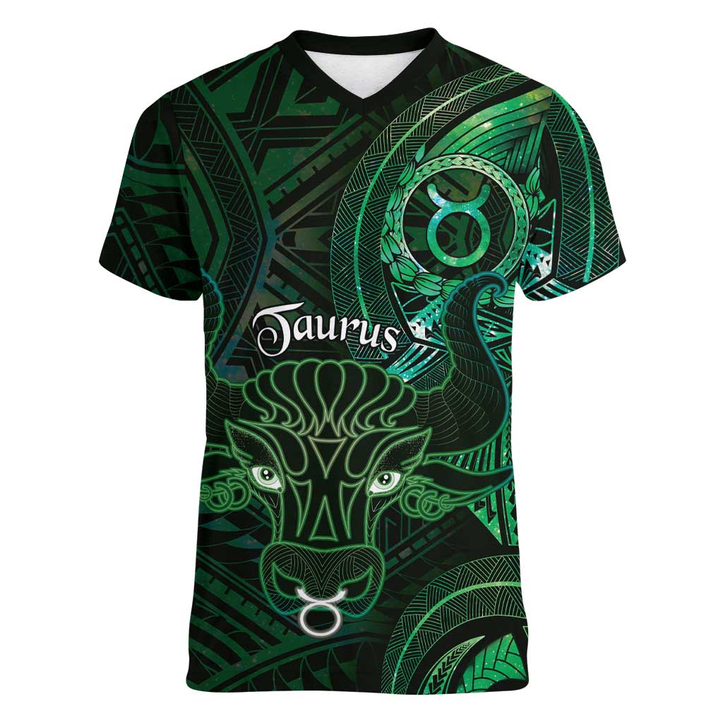 Personalised Polynesia Zodiac Taurus Women V-Neck T-Shirt Galaxy Polynesian Pattern Chest Tattoo Style
