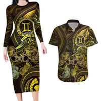 Personalised Polynesia Zodiac Gemini Couples Matching Long Sleeve Bodycon Dress and Hawaiian Shirt Galaxy Polynesian Pattern Chest Tattoo Style