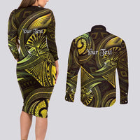 Personalised Polynesia Zodiac Gemini Couples Matching Long Sleeve Bodycon Dress and Long Sleeve Button Shirt Galaxy Polynesian Pattern Chest Tattoo Style