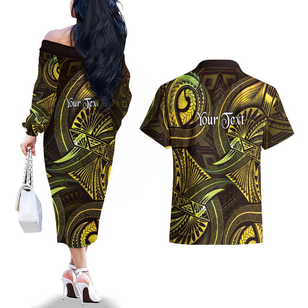 Personalised Polynesia Zodiac Gemini Couples Matching Off The Shoulder Long Sleeve Dress and Hawaiian Shirt Galaxy Polynesian Pattern Chest Tattoo Style