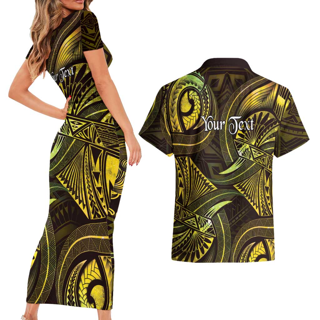 Personalised Polynesia Zodiac Gemini Couples Matching Short Sleeve Bodycon Dress and Hawaiian Shirt Galaxy Polynesian Pattern Chest Tattoo Style