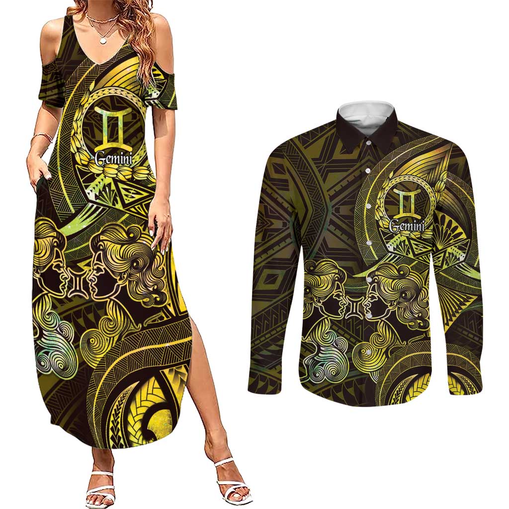 Personalised Polynesia Zodiac Gemini Couples Matching Summer Maxi Dress and Long Sleeve Button Shirt Galaxy Polynesian Pattern Chest Tattoo Style
