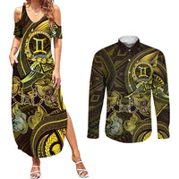 Personalised Polynesia Zodiac Gemini Couples Matching Summer Maxi Dress and Long Sleeve Button Shirt Galaxy Polynesian Pattern Chest Tattoo Style