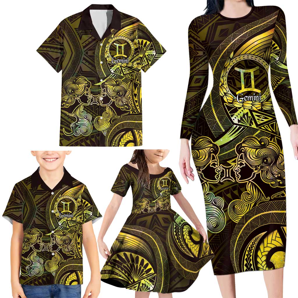 Personalised Polynesia Zodiac Gemini Family Matching Long Sleeve Bodycon Dress and Hawaiian Shirt Galaxy Polynesian Pattern Chest Tattoo Style LT14 - Polynesian Pride