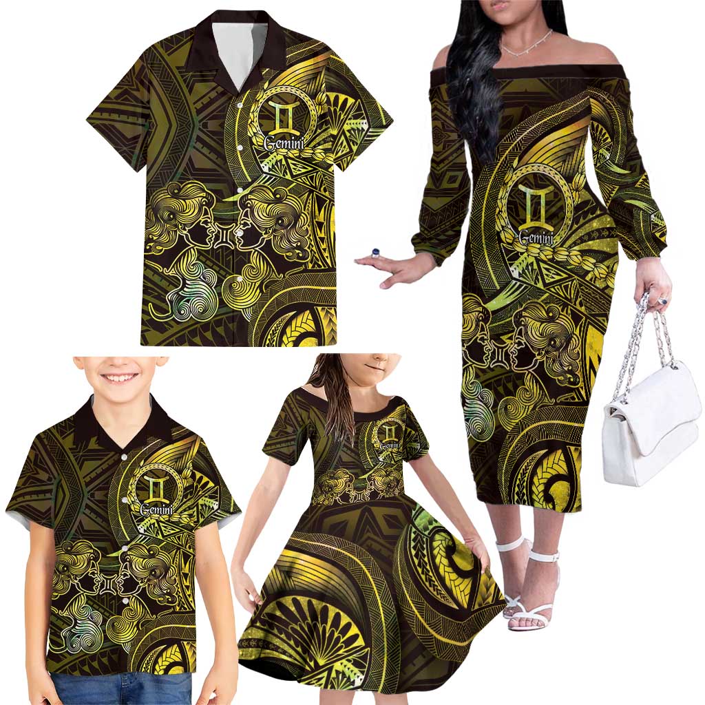 Personalised Polynesia Zodiac Gemini Family Matching Off The Shoulder Long Sleeve Dress and Hawaiian Shirt Galaxy Polynesian Pattern Chest Tattoo Style LT14 - Polynesian Pride