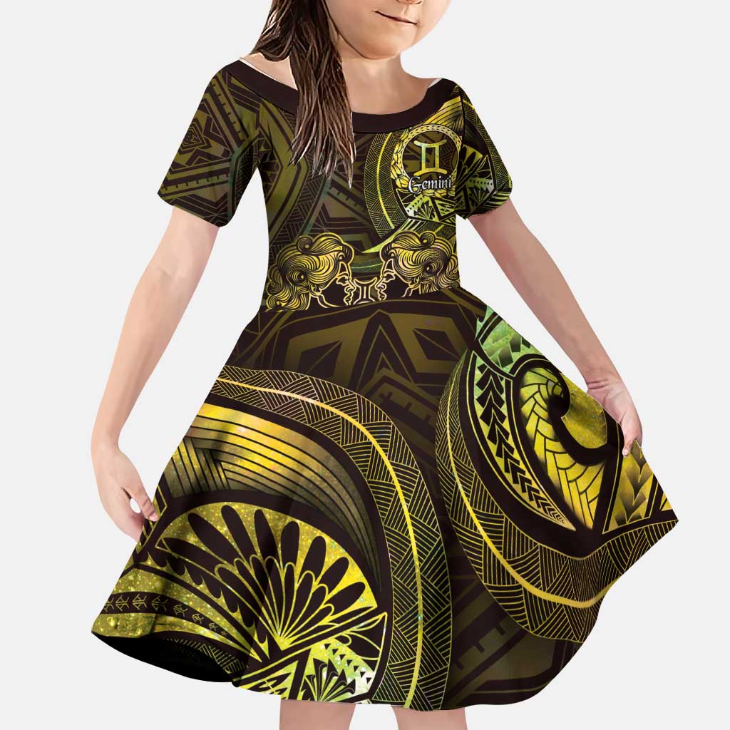 Personalised Polynesia Zodiac Gemini Family Matching Off Shoulder Maxi Dress and Hawaiian Shirt Galaxy Polynesian Pattern Chest Tattoo Style LT14 Daughter's Dress Yellow - Polynesian Pride