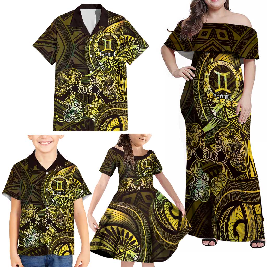 Personalised Polynesia Zodiac Gemini Family Matching Off Shoulder Maxi Dress and Hawaiian Shirt Galaxy Polynesian Pattern Chest Tattoo Style LT14 - Polynesian Pride
