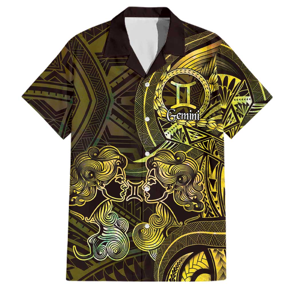 Personalised Polynesia Zodiac Gemini Family Matching Off Shoulder Maxi Dress and Hawaiian Shirt Galaxy Polynesian Pattern Chest Tattoo Style LT14 Dad's Shirt - Short Sleeve Yellow - Polynesian Pride