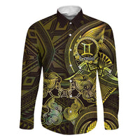 Personalised Polynesia Zodiac Gemini Family Matching Off Shoulder Short Dress and Hawaiian Shirt Galaxy Polynesian Pattern Chest Tattoo Style LT14 Dad's Shirt - Long Sleeve Yellow - Polynesian Pride