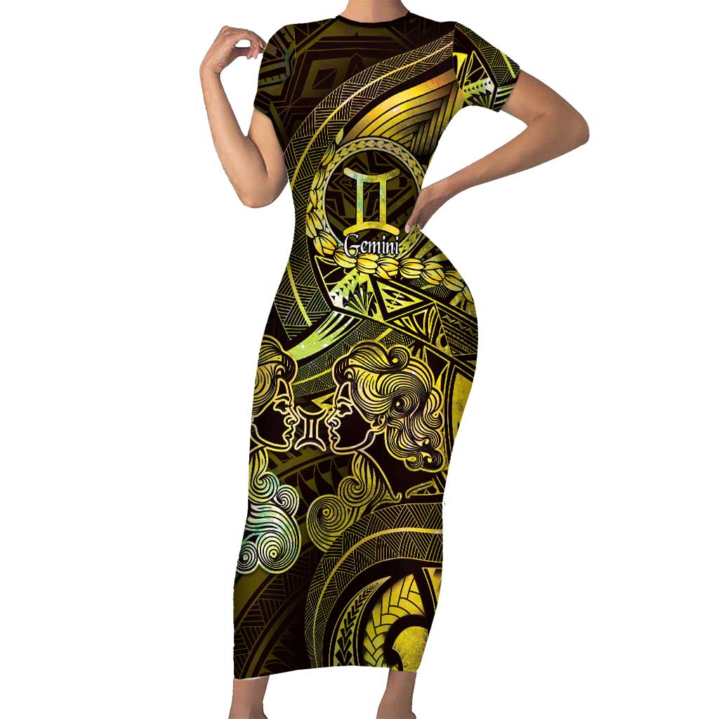 Personalised Polynesia Zodiac Gemini Family Matching Short Sleeve Bodycon Dress and Hawaiian Shirt Galaxy Polynesian Pattern Chest Tattoo Style LT14 Mom's Dress Yellow - Polynesian Pride