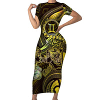 Personalised Polynesia Zodiac Gemini Family Matching Short Sleeve Bodycon Dress and Hawaiian Shirt Galaxy Polynesian Pattern Chest Tattoo Style LT14 Mom's Dress Yellow - Polynesian Pride