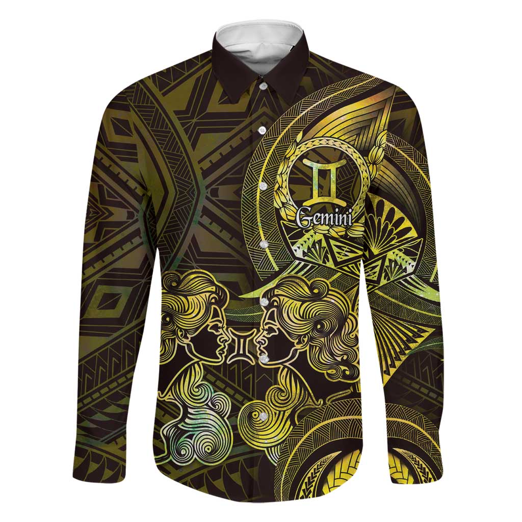 Personalised Polynesia Zodiac Gemini Family Matching Summer Maxi Dress and Hawaiian Shirt Galaxy Polynesian Pattern Chest Tattoo Style LT14 Dad's Shirt - Long Sleeve Yellow - Polynesian Pride