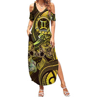 Personalised Polynesia Zodiac Gemini Family Matching Summer Maxi Dress and Hawaiian Shirt Galaxy Polynesian Pattern Chest Tattoo Style LT14 Mom's Dress Yellow - Polynesian Pride