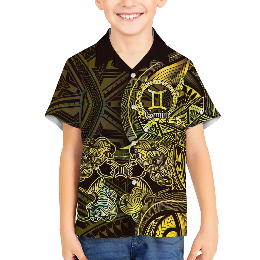 Personalised Polynesia Zodiac Gemini Family Matching Summer Maxi Dress and Hawaiian Shirt Galaxy Polynesian Pattern Chest Tattoo Style LT14 Son's Shirt Yellow - Polynesian Pride