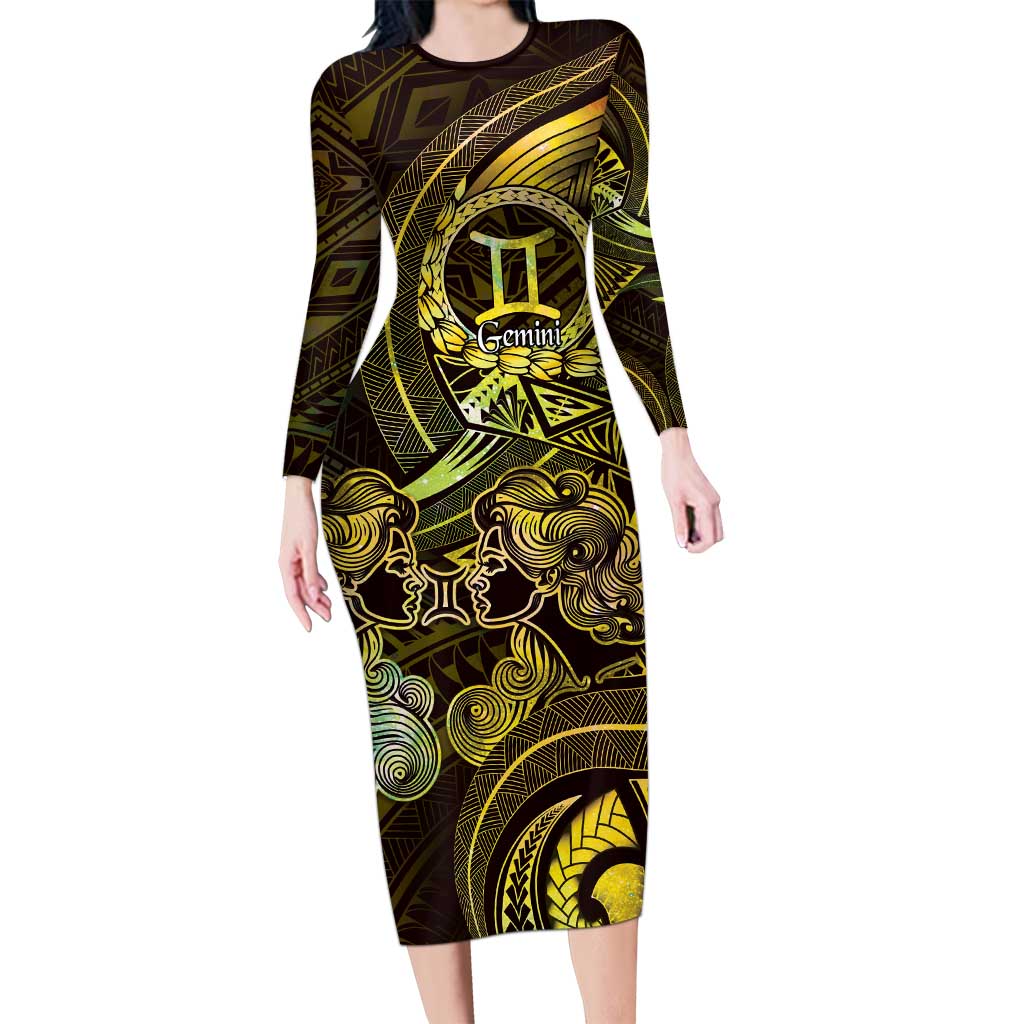 Personalised Polynesia Zodiac Gemini Long Sleeve Bodycon Dress Galaxy Polynesian Pattern Chest Tattoo Style
