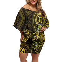 Personalised Polynesia Zodiac Gemini Off Shoulder Short Dress Galaxy Polynesian Pattern Chest Tattoo Style LT14 Women Yellow - Polynesian Pride