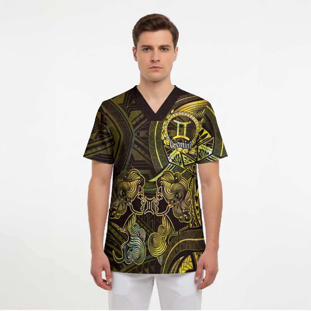 Personalised Polynesia Zodiac Gemini Scrub Top Galaxy Polynesian Pattern Chest Tattoo Style