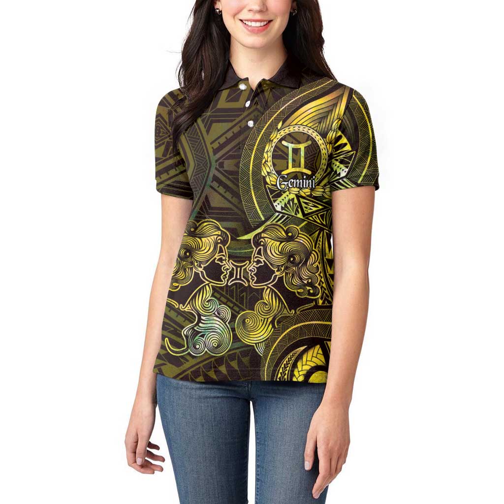 Personalised Polynesia Zodiac Gemini Women Polo Shirt Galaxy Polynesian Pattern Chest Tattoo Style