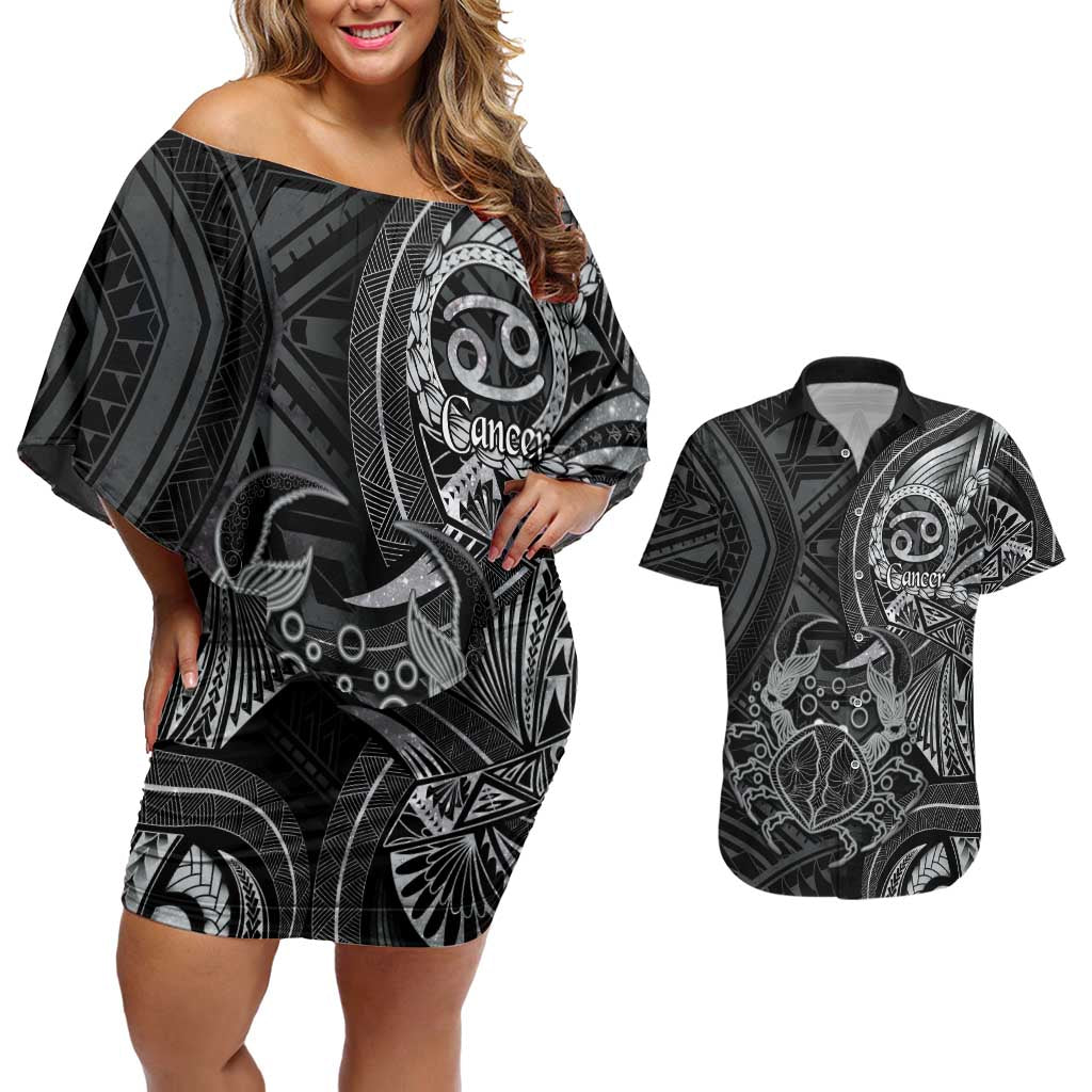 Personalised Polynesia Zodiac Cancer Couples Matching Off Shoulder Short Dress and Hawaiian Shirt Galaxy Polynesian Pattern Chest Tattoo Style