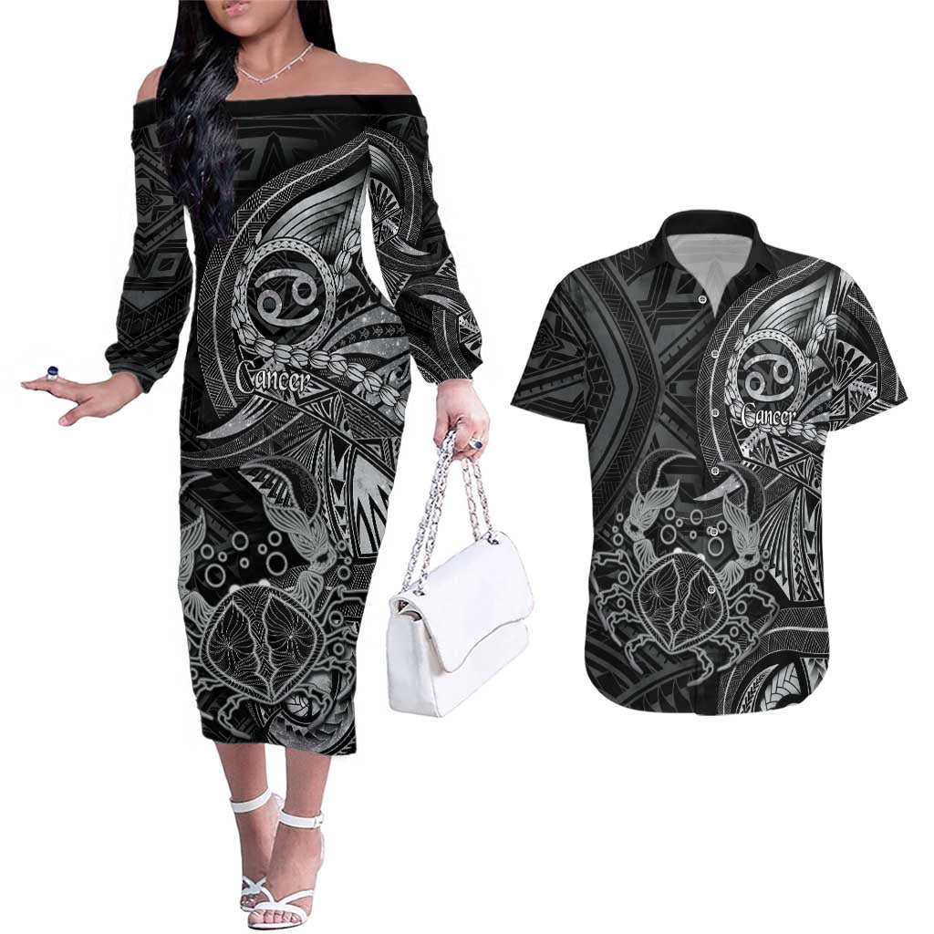 Personalised Polynesia Zodiac Cancer Couples Matching Off The Shoulder Long Sleeve Dress and Hawaiian Shirt Galaxy Polynesian Pattern Chest Tattoo Style