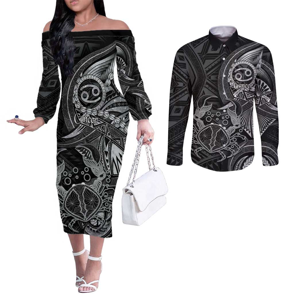 Personalised Polynesia Zodiac Cancer Couples Matching Off The Shoulder Long Sleeve Dress and Long Sleeve Button Shirt Galaxy Polynesian Pattern Chest Tattoo Style LT14 Black - Polynesian Pride