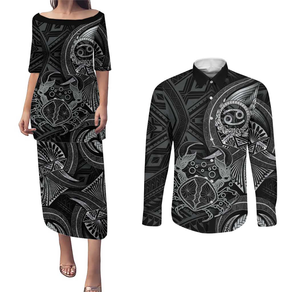 Personalised Polynesia Zodiac Cancer Couples Matching Puletasi and Long Sleeve Button Shirt Galaxy Polynesian Pattern Chest Tattoo Style LT14 Black - Polynesian Pride