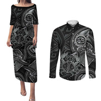 Personalised Polynesia Zodiac Cancer Couples Matching Puletasi and Long Sleeve Button Shirt Galaxy Polynesian Pattern Chest Tattoo Style LT14 Black - Polynesian Pride
