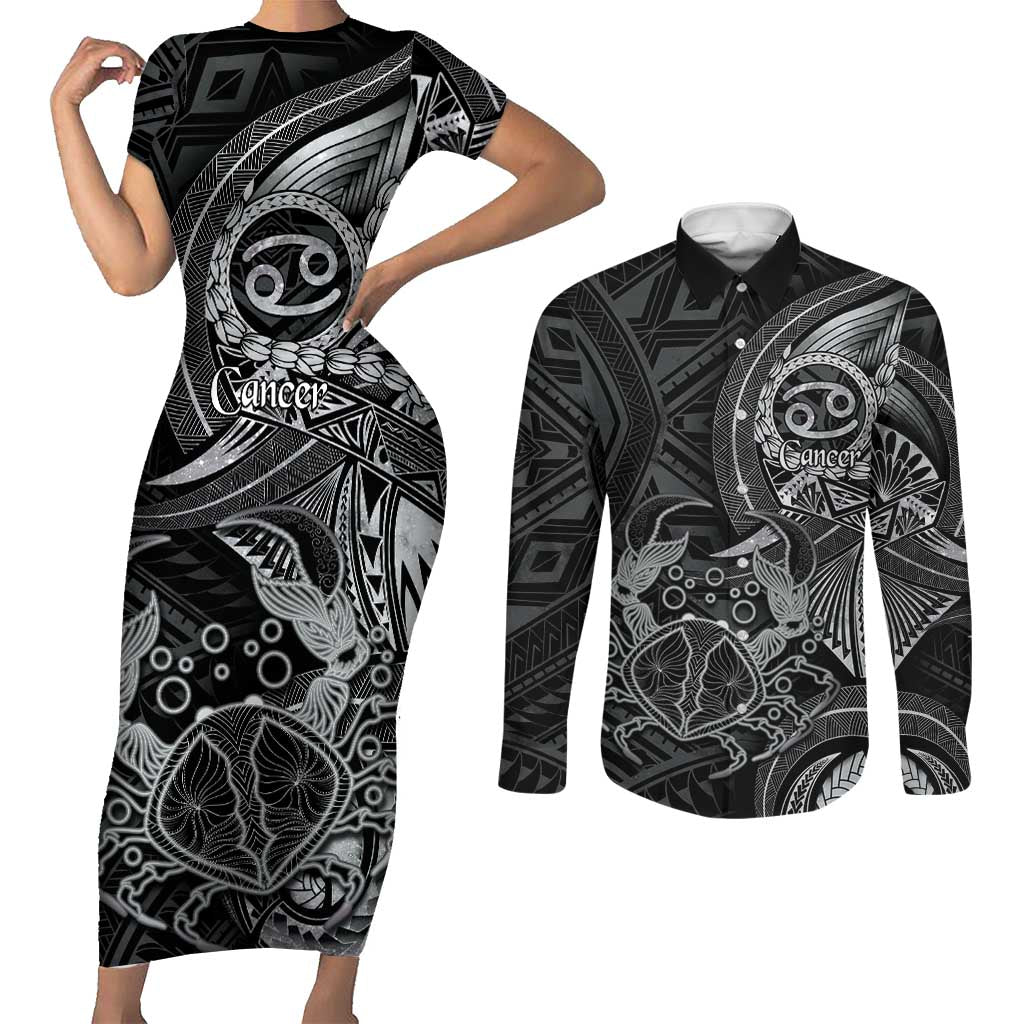 Personalised Polynesia Zodiac Cancer Couples Matching Short Sleeve Bodycon Dress and Long Sleeve Button Shirt Galaxy Polynesian Pattern Chest Tattoo Style