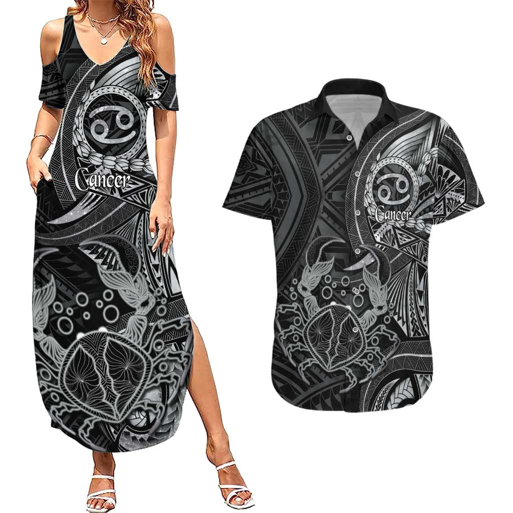 Personalised Polynesia Zodiac Cancer Couples Matching Summer Maxi Dress and Hawaiian Shirt Galaxy Polynesian Pattern Chest Tattoo Style