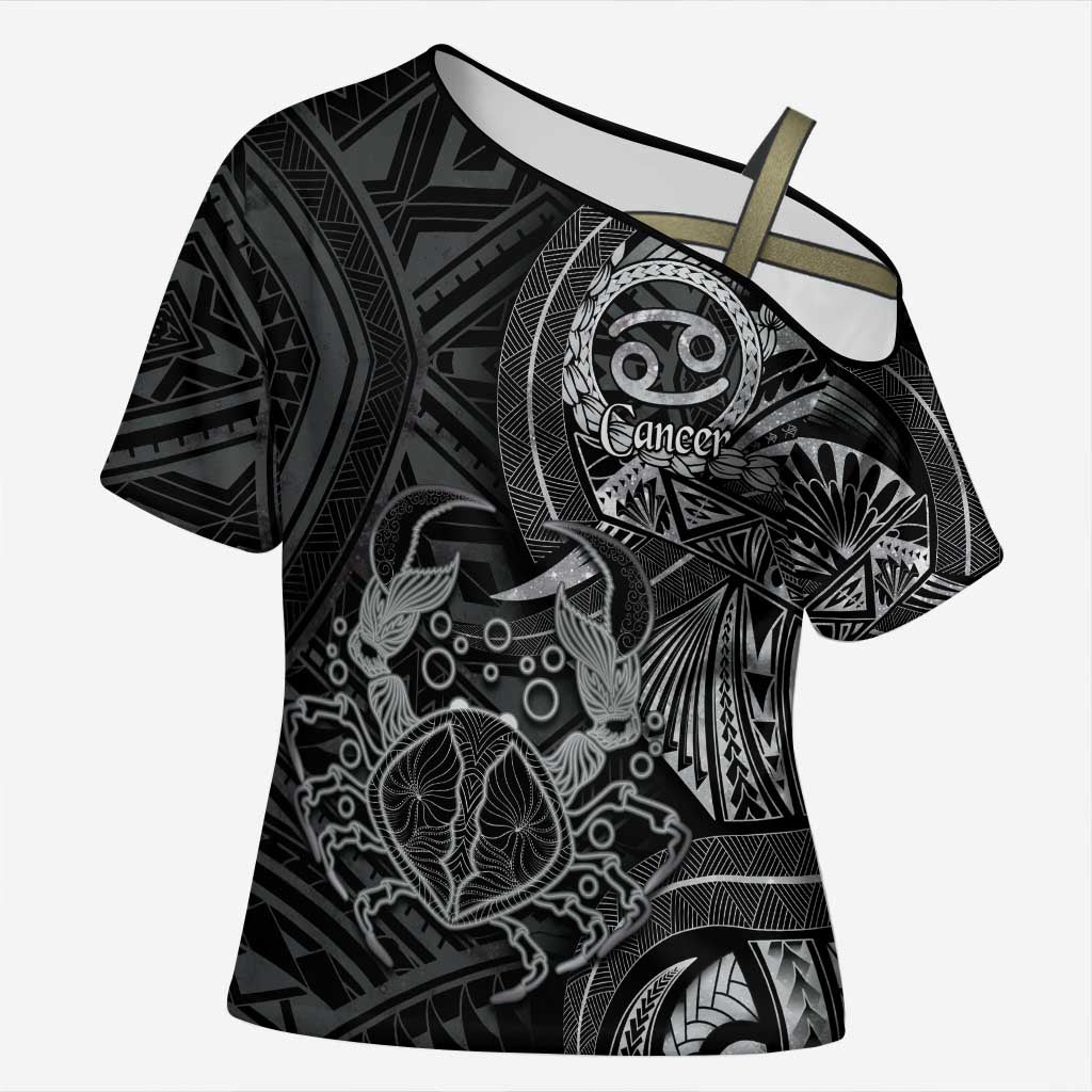 Personalised Polynesia Zodiac Cancer Cross Shoulder Shirt Galaxy Polynesian Pattern Chest Tattoo Style LT14 Female Black - Polynesian Pride