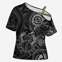 Personalised Polynesia Zodiac Cancer Cross Shoulder Shirt Galaxy Polynesian Pattern Chest Tattoo Style LT14 Female Black - Polynesian Pride