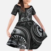 Personalised Polynesia Zodiac Cancer Family Matching Long Sleeve Bodycon Dress and Hawaiian Shirt Galaxy Polynesian Pattern Chest Tattoo Style LT14 Daughter's Dress Black - Polynesian Pride